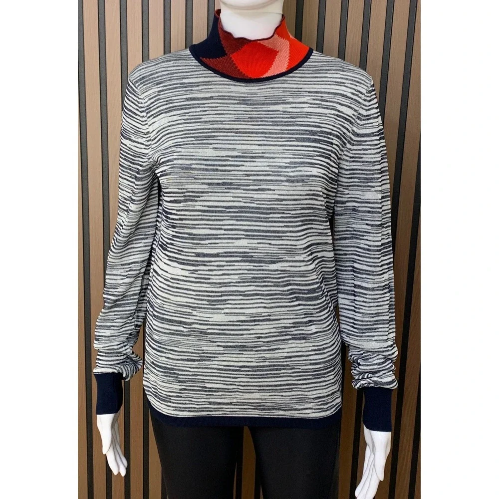 Tory Burch Navy White Striped Knit Sweater Argyle Mock Neck Red Accent Size M